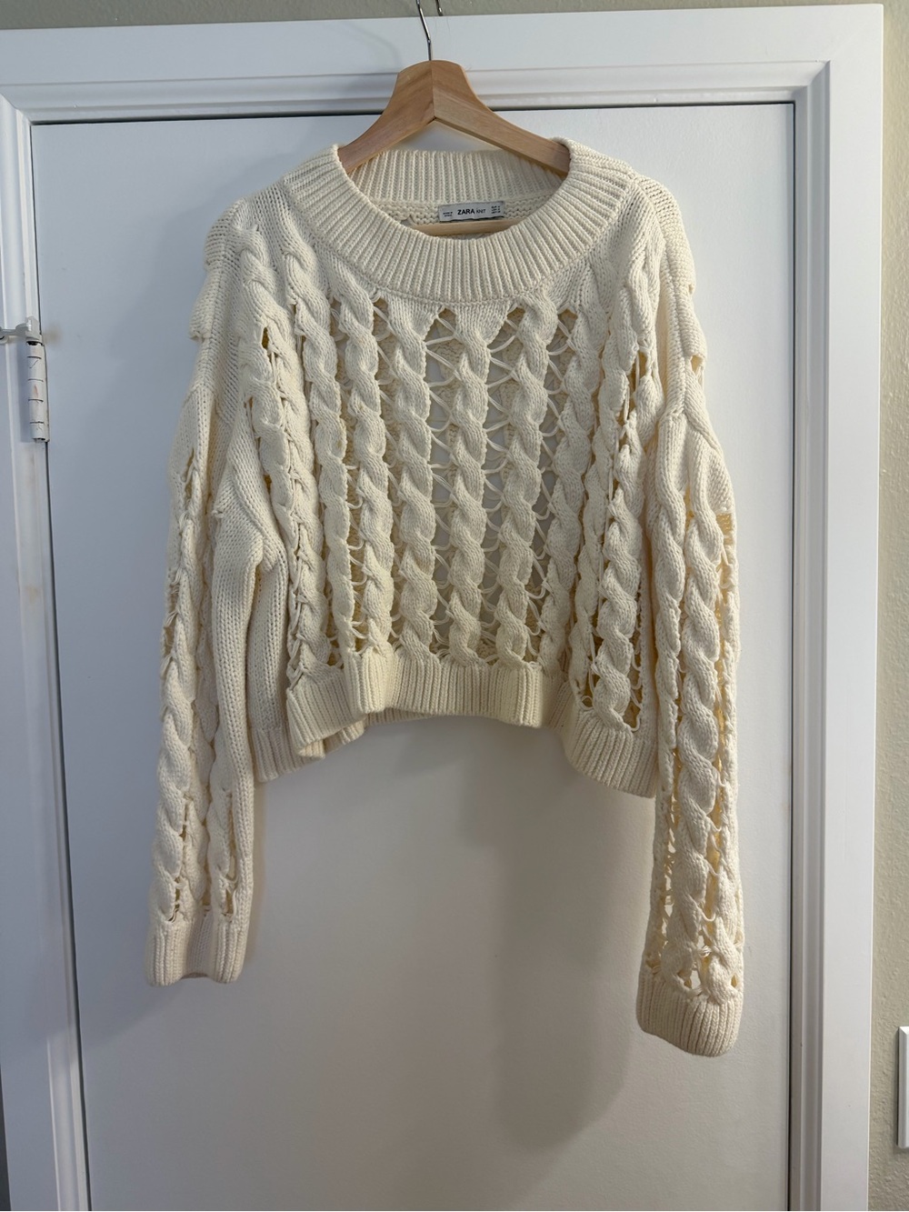 Zara Ivory Openwork Cable-Knit Crewneck Sweater